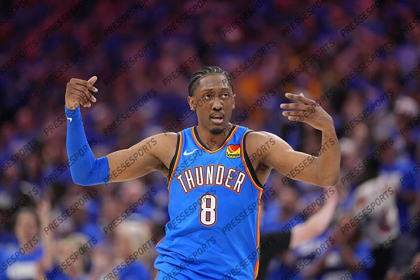 Jun 8, 2025; Oklahoma City, Oklahoma, USA; Oklahoma City Thunder forward Jalen Williams (8) reacts after a play against the Indiana Pacers during the first half during game two of the 2025 NBA Finals at Paycom Center. Mandatory Credit: Kyle Terada-Imagn Images Game 2 Indiana Pacers at Oklahoma City Thunder 