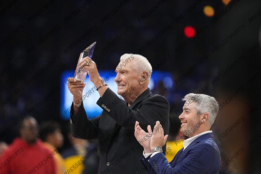 Jun 8, 2025; Oklahoma City, Oklahoma, USA; Don Nelson poses for a photo after receiving the 2025 Chuck Daly Lifetime Achievement Award during the first half during game two of the 2025 NBA Finals at Paycom Center. Mandatory Credit: Kyle Terada-Imagn Images Game 2 Indiana Pacers at Oklahoma City Thunder 