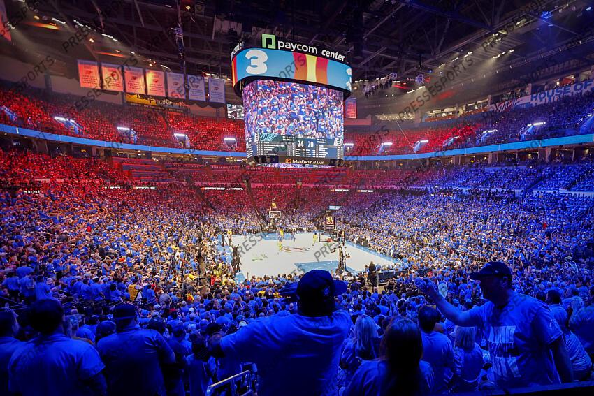 Jun 8, 2025; Oklahoma City, Oklahoma, USA; A view of the fans and the arena and the court during the game between the Oklahoma City Thunder and the Indiana Pacers in game two of the 2025 NBA Finals at Paycom Center. Mandatory Credit: Alonzo Adams-Imagn Images Game 2 Indiana Pacers at Oklahoma City Thunder 