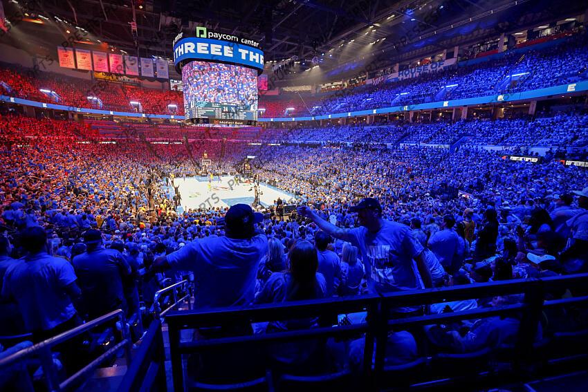 Jun 8, 2025; Oklahoma City, Oklahoma, USA; A view of the fans and the arena and the court during the game between the Oklahoma City Thunder and the Indiana Pacers in game two of the 2025 NBA Finals at Paycom Center. Mandatory Credit: Alonzo Adams-Imagn Images Game 2 Indiana Pacers at Oklahoma City Thunder 
