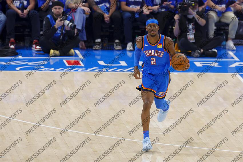 Jun 8, 2025; Oklahoma City, Oklahoma, USA; Oklahoma City Thunder guard Shai Gilgeous-Alexander (2) brings the ball up court against the Indiana Pacers during the first quarter of game two of the 2025 NBA Finals at Paycom Center. Mandatory Credit: Alonzo Adams-Imagn Images Game 2 Indiana Pacers at Oklahoma City Thunder 