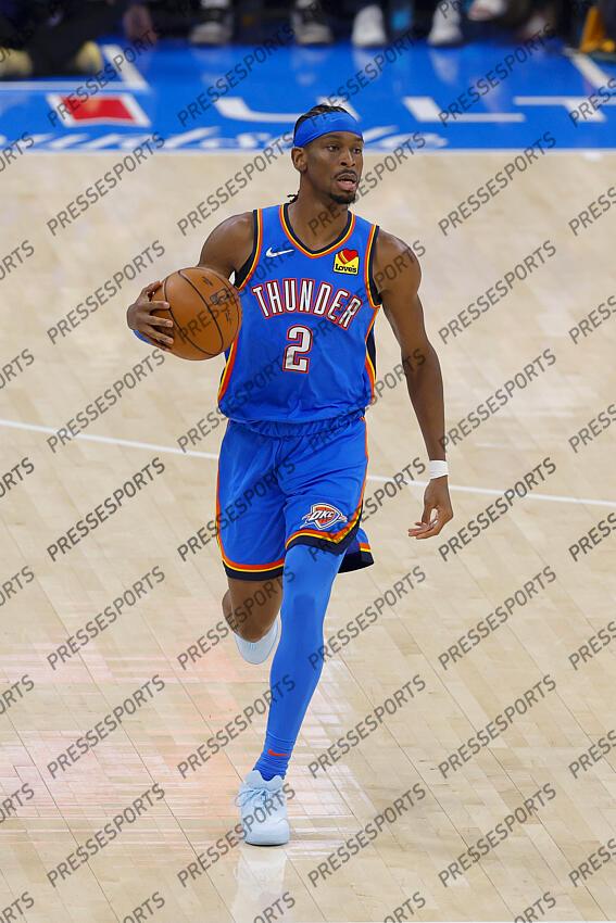 Jun 8, 2025; Oklahoma City, Oklahoma, USA; Oklahoma City Thunder guard Shai Gilgeous-Alexander (2) brings the ball up court against the Indiana Pacers during the first quarter of game two of the 2025 NBA Finals at Paycom Center. Mandatory Credit: Alonzo Adams-Imagn Images Game 2 Indiana Pacers at Oklahoma City Thunder 