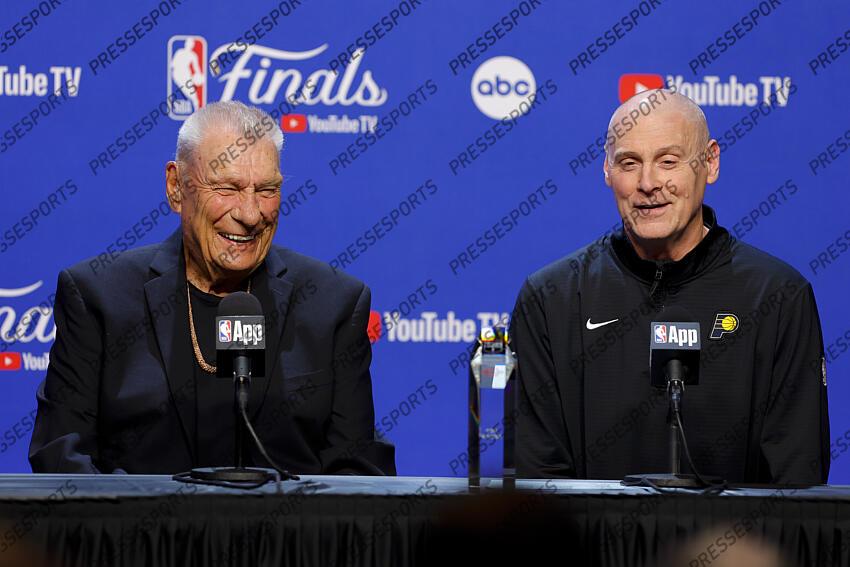 Jun 8, 2025; Oklahoma City, Oklahoma, USA; (from left) former general manager Don Nelson and Indiana Pacers head coach Rick Carlisle speak to the media before game two between the Oklahoma City Thunder and the Indiana Pacers in the 2025 NBA Finals at Paycom Center. Mandatory Credit: Alonzo Adams-Imagn Images Game 2 Indiana Pacers at Oklahoma City Thunder 