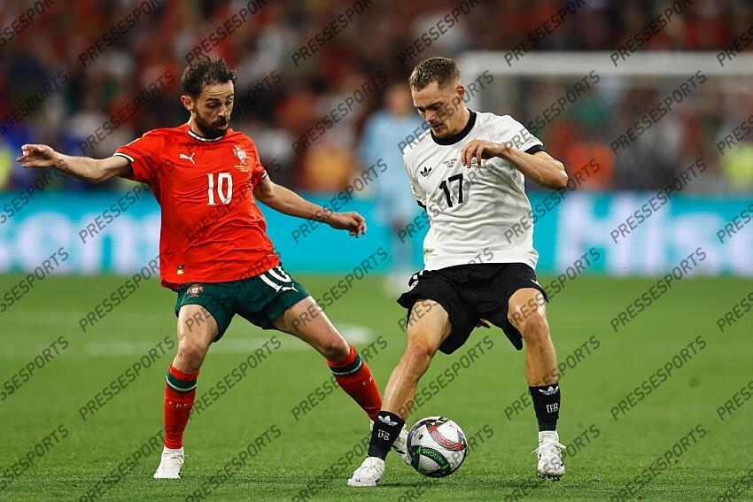 (L-R) Bernardo Silva (POR), Florian Wirtz (GER), JUNE 4, 2025 - Football / Soccer : UEFA "Nations League" Semi-finals match between Germany 1-2 Portugal at the Munich Football Arena in Munich, Germany. (Photo by Mutsu Kawamori/AFLO) ALLEMAGNE-PORTUGAL (1-2) 