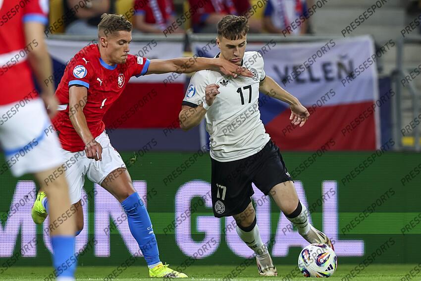 Martin Suchomel (Czech Republic U21)Brajan Gruda (Germany U21) during the UEFA Under 21 Slovakia 2025 match between Czech Republic U21 2-4 Germany U21 at DAC Arena Stadium on June 15, 2025 in Dunajska Streda, Slovakia. U21 REPUBLIQUE TCHEQUE-U21 ALLEMAGNE (2-4) 