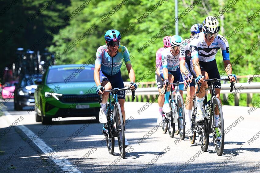 SANTA MARIA IN CALANCA, SWITZERLAND - JUNE 19 : Fortunato Lorenzo (ITA) of XDS Astana Team and Romo Javier (ESP) of Movistar Team during stage 5 of the 88th edition of Tour de Suisse an UCI World Tour 2.UWT cycling road race stage for Men Elite of 183.6 km with start in La Punt and finish in Santa Maria in Calanca on June 19, 2025 in Santa Maria in Calanca, Switzerland, 19/06/2025 ( Motordriver Kenny Verfaillie - Photo by Vincent Kalut / Photonews LA PUNT/SANTA MARIA IN CALANCA 