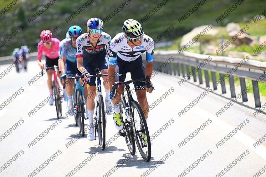 SANTA MARIA IN CALANCA, SWITZERLAND - JUNE 19 : Romo Javier (ESP) of Movistar Team leading the escape pack during stage 5 of the 88th edition of Tour de Suisse an UCI World Tour 2.UWT cycling road race stage for Men Elite of 183.6 km with start in La Punt and finish in Santa Maria in Calanca on June 19, 2025 in Santa Maria in Calanca, Switzerland, 19/06/2025 ( Motordriver Kenny Verfaillie - Photo by Vincent Kalut / Photonews LA PUNT/SANTA MARIA IN CALANCA 