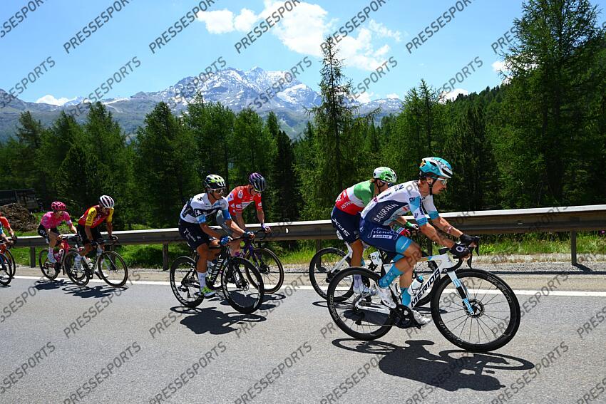 SANTA MARIA IN CALANCA, SWITZERLAND - JUNE 19 : Bilbao Pello (ESP) of Bahrain - Victorious in action during stage 5 of the 88th edition of Tour de Suisse an UCI World Tour 2.UWT cycling road race stage for Men Elite of 183.6 km with start in La Punt and finish in Santa Maria in Calanca on June 19, 2025 in Santa Maria in Calanca, Switzerland, 19/06/2025 ( Motordriver Kenny Verfaillie - Photo by Vincent Kalut / Photonews LA PUNT/SANTA MARIA IN CALANCA 