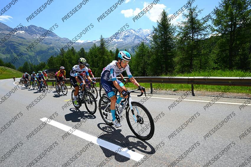 SANTA MARIA IN CALANCA, SWITZERLAND - JUNE 19 : Bilbao Pello (ESP) of Bahrain - Victorious in action during stage 5 of the 88th edition of Tour de Suisse an UCI World Tour 2.UWT cycling road race stage for Men Elite of 183.6 km with start in La Punt and finish in Santa Maria in Calanca on June 19, 2025 in Santa Maria in Calanca, Switzerland, 19/06/2025 ( Motordriver Kenny Verfaillie - Photo by Vincent Kalut / Photonews LA PUNT/SANTA MARIA IN CALANCA 