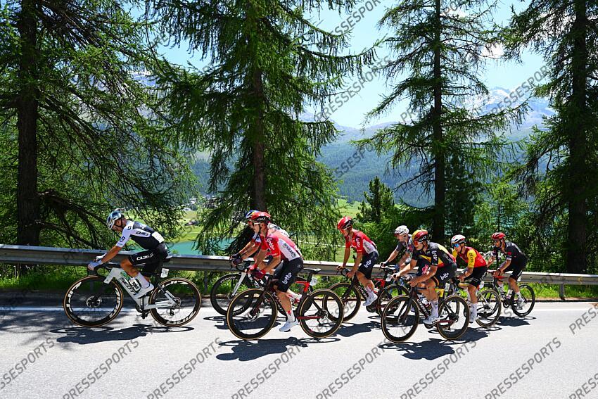 SANTA MARIA IN CALANCA, SWITZERLAND - JUNE 19 : Brambilla Gianluca (ITA) of Q36.5 Pro Cycling Team, De Buyst Jasper (BEL) of Lotto, Grignard Sebastien (BEL) of Lotto, De Lie Arnaud (BEL) of Lotto, Moniquet Sylvain (BEL) of Cofidis in action during stage 5 of the 88th edition of Tour de Suisse an UCI World Tour 2.UWT cycling road race stage for Men Elite of 183.6 km with start in La Punt and finish in Santa Maria in Calanca on June 19, 2025 in Santa Maria in Calanca, Switzerland, 19/06/2025 ( Motordriver Kenny Verfaillie - Photo by Vincent Kalut / Photonews LA PUNT/SANTA MARIA IN CALANCA 