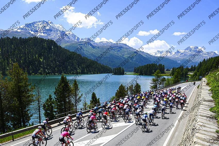 SANTA MARIA IN CALANCA, SWITZERLAND - JUNE 19 : Illustration picture peloton during stage 5 of the 88th edition of Tour de Suisse an UCI World Tour 2.UWT cycling road race stage for Men Elite of 183.6 km with start in La Punt and finish in Santa Maria in Calanca on June 19, 2025 in Santa Maria in Calanca, Switzerland, 19/06/2025 ( Motordriver Kenny Verfaillie - Photo by Vincent Kalut / Photonews LA PUNT/SANTA MARIA IN CALANCA 