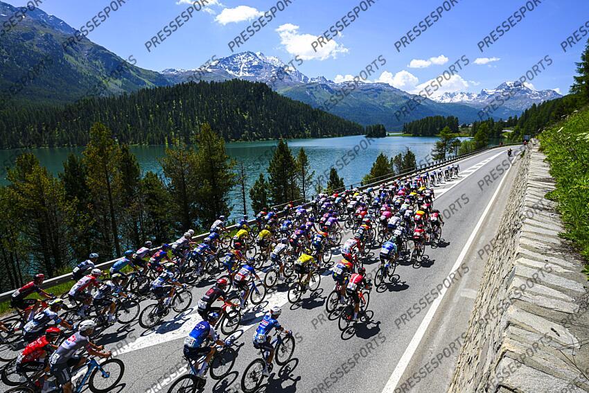 SANTA MARIA IN CALANCA, SWITZERLAND - JUNE 19 : Illustration picture peloton during stage 5 of the 88th edition of Tour de Suisse an UCI World Tour 2.UWT cycling road race stage for Men Elite of 183.6 km with start in La Punt and finish in Santa Maria in Calanca on June 19, 2025 in Santa Maria in Calanca, Switzerland, 19/06/2025 ( Motordriver Kenny Verfaillie - Photo by Vincent Kalut / Photonews LA PUNT/SANTA MARIA IN CALANCA 