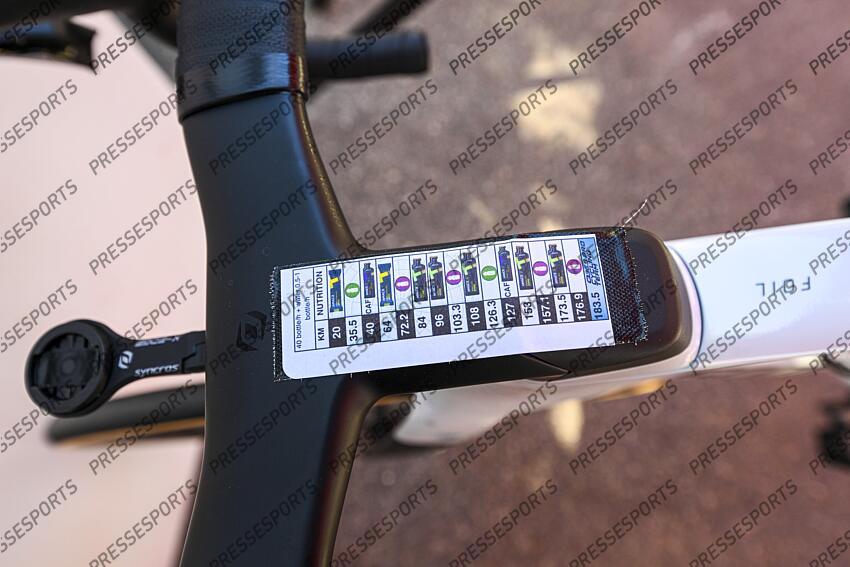 SANTA MARIA IN CALANCA, SWITZERLAND - JUNE 19 : Illustration picture km sheet on a bicycle during stage 5 of the 88th edition of Tour de Suisse an UCI World Tour 2.UWT cycling road race stage for Men Elite of 183.6 km with start in La Punt and finish in Santa Maria in Calanca on June 19, 2025 in Santa Maria in Calanca, Switzerland, 19/06/2025 ( Motordriver Kenny Verfaillie - Photo by Vincent Kalut / Photonews LA PUNT/SANTA MARIA IN CALANCA 